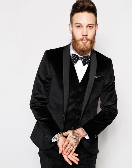 2018 черные бархатные смокинги для жениха с лацканами, изготовленные на заказ мужские костюмы Terno Grooms, Свадебный Мужской Блейзер (пиджак + брюки + галстук + жилет)