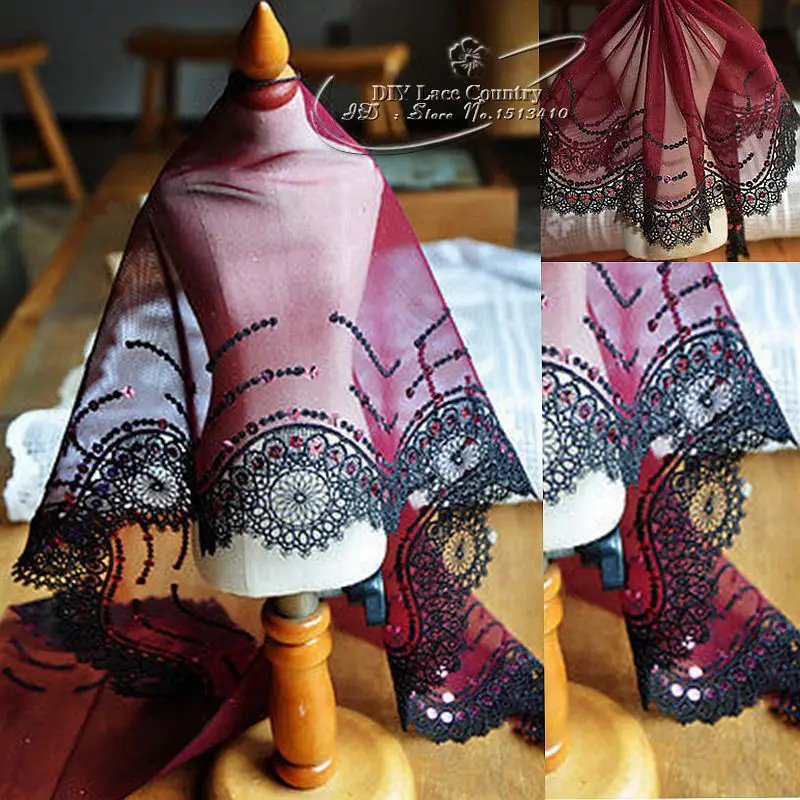 

2yds/Лот 18 см в ширину вышитый тюль сетка с кружевной отделкой черный Водорастворимая края + Блестки ~