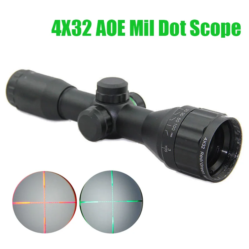 Tactical 4X32 AOE Red and Green Illuminated Mil Dot Rifle Scope Hunting Multi Coating Optics Military Compact Scope
