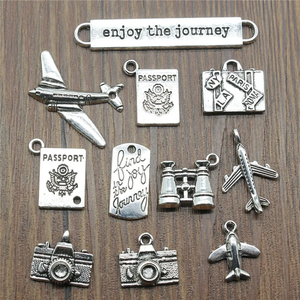 

10pcs Travel Charms Journey Charms Jewelry Making Aircraft Camera Passport Trunk Charms For Bracelet Making