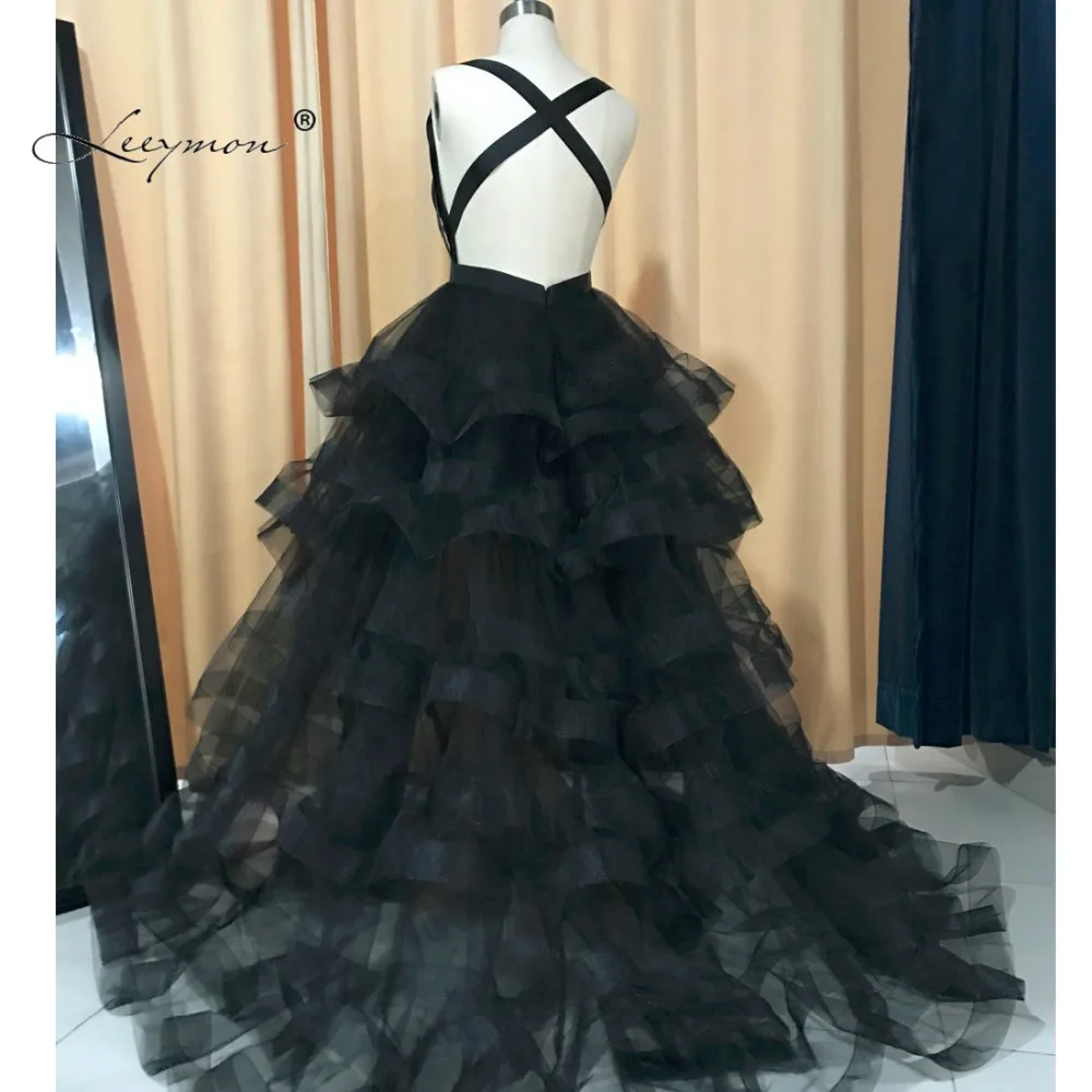 

Leeymon Custom Made New Evening Dress Sexy Open Back Black Prom Dress Tiered Ball Gown Party Dress 2019 Vestido De Festa