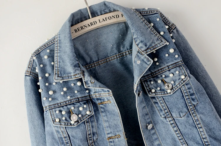 Plus Size Pearl Beading Short Denim Jackets 3Xl 5Xl Women White Wash Long Sleeve Vintage Casual Jean Jacket Bomber Coat | Женская одежда