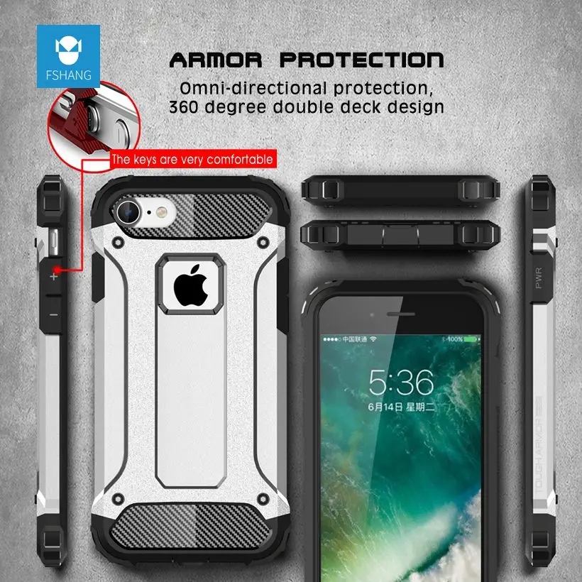 Fshang анти стук чехол для iPhone 6 S Plus 360 градусов тяжелых силиконовая pc phone case iphone плюс