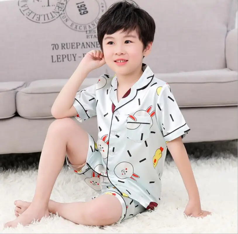 Cartoon short sleeve Детский Шелковый пижамный комплект г., весенне-летний Шелковый пижамный комплект с длинными рукавами для мальчиков и девочек, детская одежда для сна, комплект одежды для сна - Цвет: Cartoon short sleeve