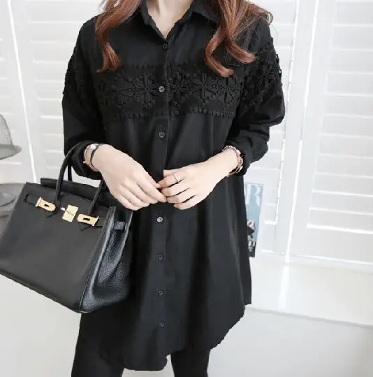 Korean Lace Patchwork Fashion Midi Loose Blouses Elegant Solid Full Sleeve Clothings Sexy Chic Button Casual blusas | Женская одежда
