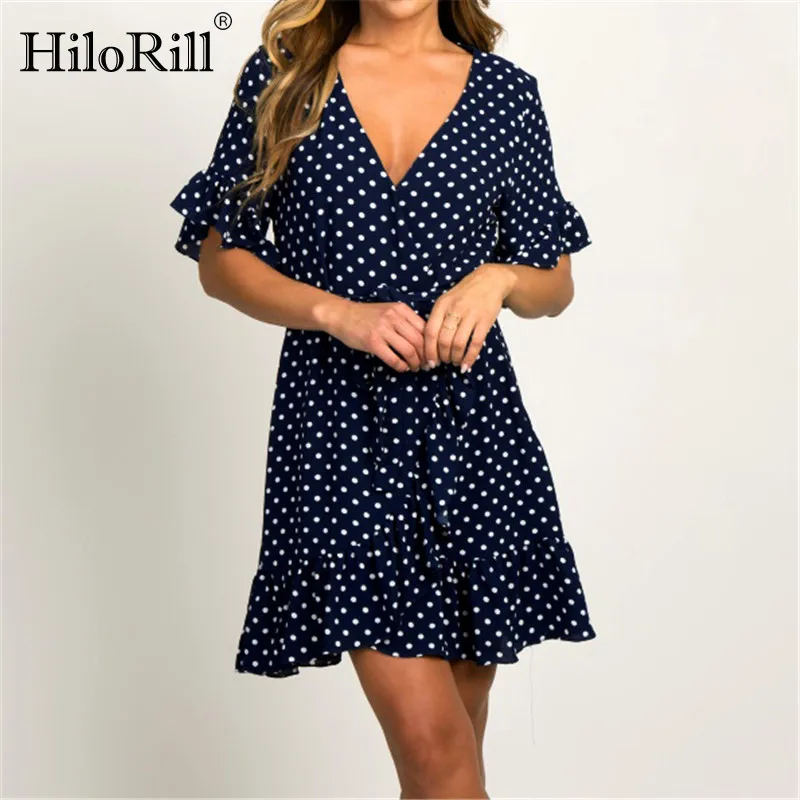 Женское пляжное платье HiloRill Летнее мини-платье в горошек с оборками и коротким