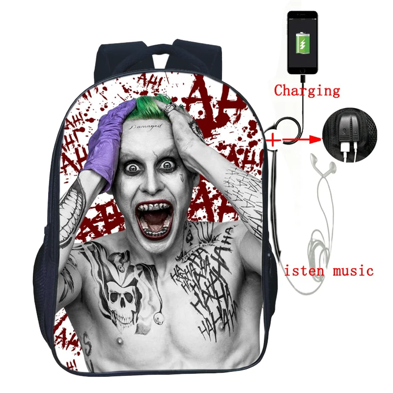 Рюкзаки для мальчиков и девочек-подростков, отряд самоубийц, USB зарядка, Джокер, школьные сумки, красивый рюкзак, Харли Квинн, ранец для мужчин и женщин - Цвет: 5