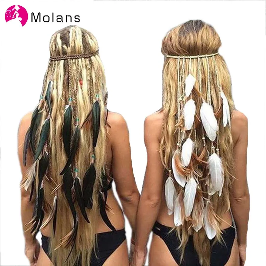 Molans Boho головной убор однотонный головной убор из перьев эластичный Цыганский праздничный головной убор из натурального пера модный причудливый головной убор 1970s