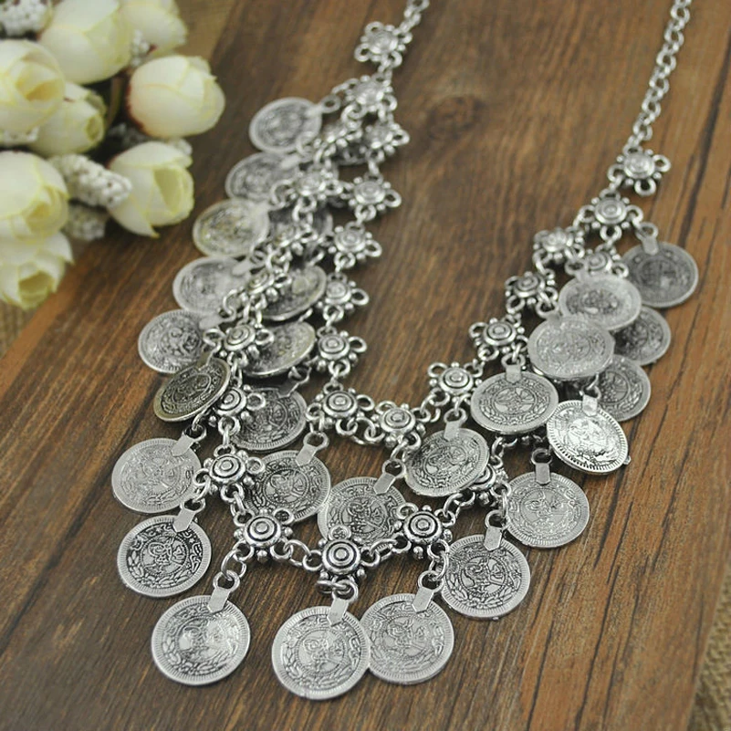 

Bohemian Double Layer Coin Fringe Turkish Ethnic Tribal Belly Dance Bib Necklace Wholesale 6Pcs