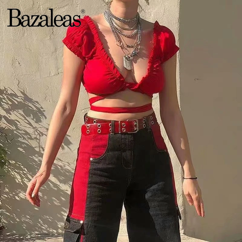 Женская Винтажная Футболка Bazaleas красная облегающая футболка с глубоким