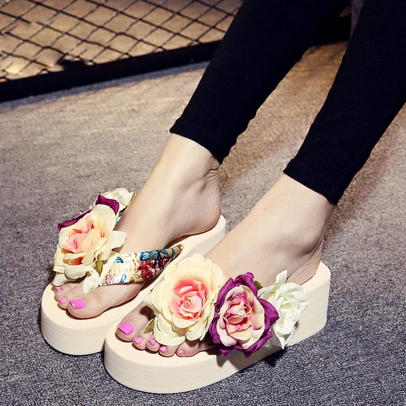 Женские пляжные шлепанцы на плоской подошве с цветком камелии большие размеры