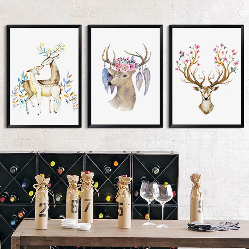 Elegant Poetry Watercolor Deer And Flower Bird Canvas Digital Painting Art Print Poster Picture Mural Home Bedroom Decoration | Дом и сад