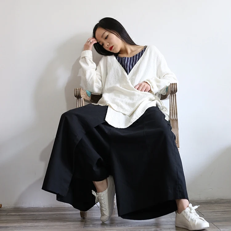 Брюки султанки женские льняные Асимметричные с широкими штанинами и поясом на