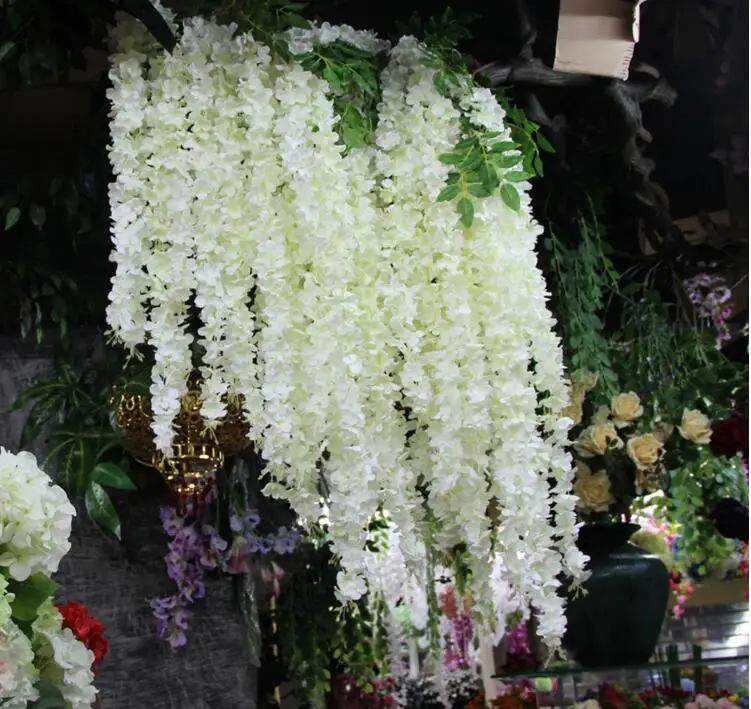 melhor 120 Pçs/lote 165 Cm Branco De Seda Artificial Hortênsia Flor Wisteria Vine Garland Ornamento De Suspensão Para A Decoração Home Wedding