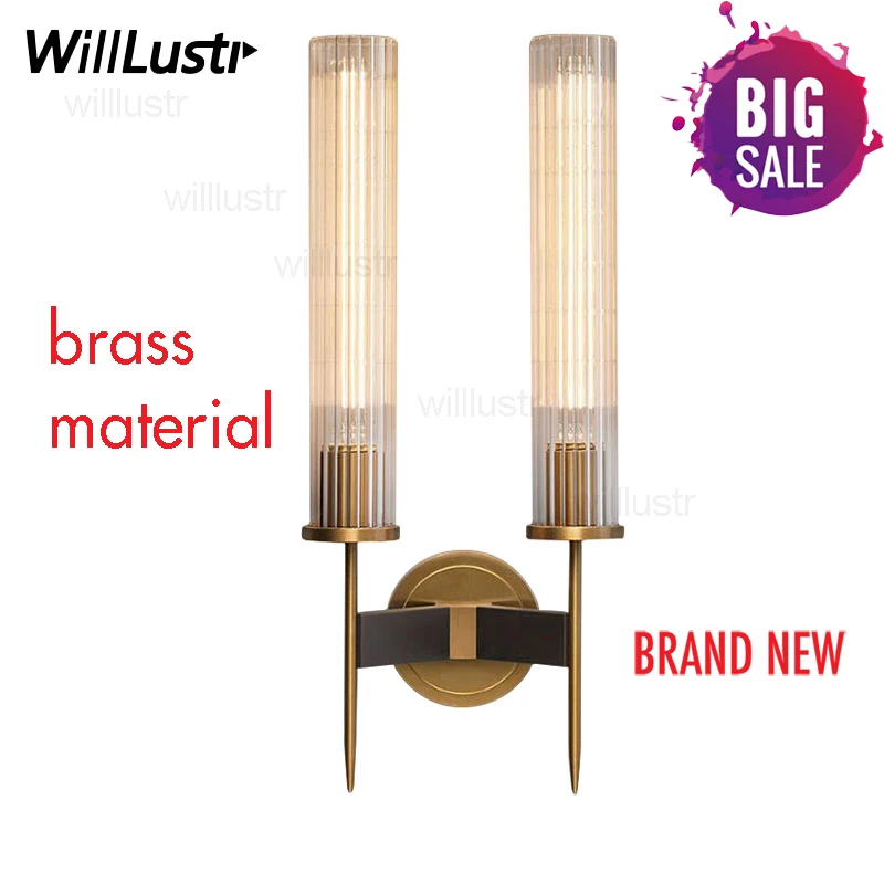 

Modern Brass Wall Lamp Sconce Ribbed Long Glass Vintage Retro Copper Hotel Restaurant Loft Bar Bedroom Bedside Vanity Wall Light