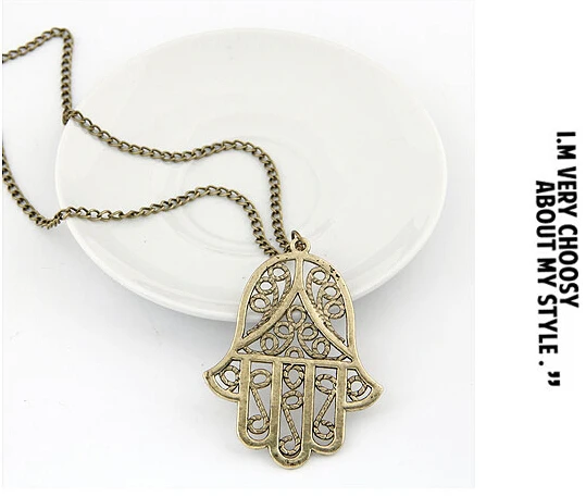 

Hot Sale Good Luck Protection Hamsa Symbol Fatima Hand Pendant Necklace Bronze Chain Jewelry