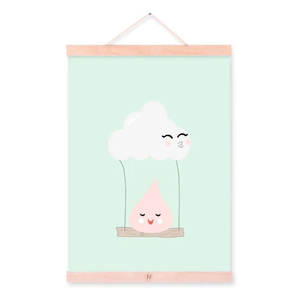 Kawaii, Мультяшные животные, олень, медведь, собака, деревянная рамка, холст, живопись, скандинавские, для детской комнаты, настенные художественные плакаты, домашний декор, картина, Свиток