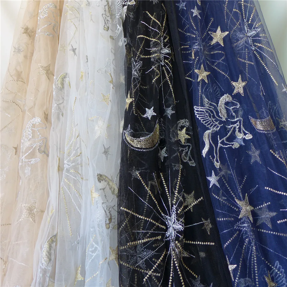 Вышитая звезда лошадь луна тюль кружево с нитью темно-синий шампань черный цвет