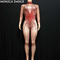 sexy shining red rhinestones rompers costume bling jumpsuit womens outfit bodysuit birthday celebrate wear female singer wear
