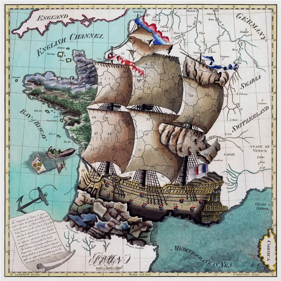 Винтажная французская карта Лава 1796 художественная Настенная Наклейка на холсте