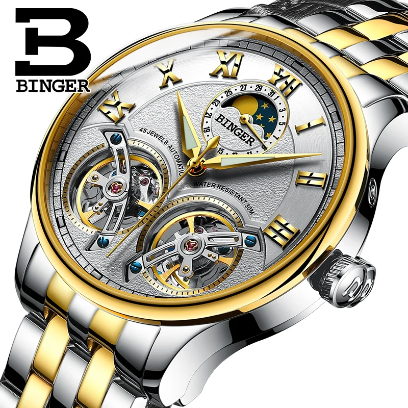 BINGER colouring Gold Hollow Automatic Mechanical Watches Men Luxury Brand Steel Strap Casual Skeleton Watch Luminous Clock 2017| |