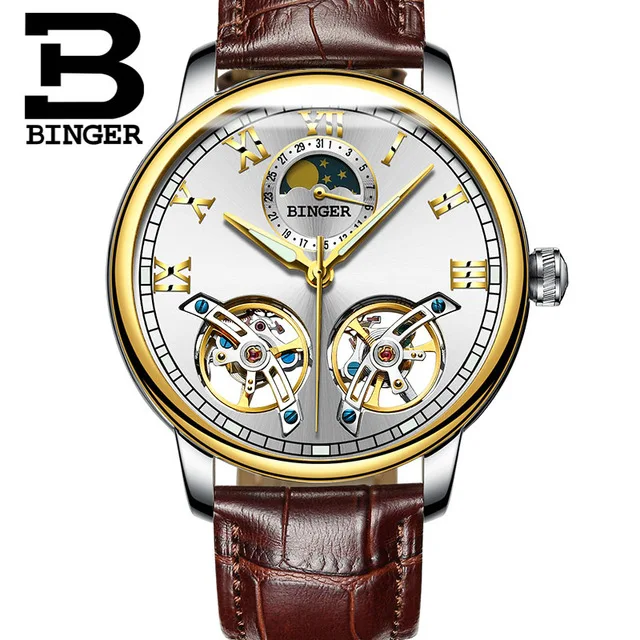 Leather White Gold Швейцарские BINGER Роскошные автоматические часы Moon Phase для мужчин с двойным турбийоном для мужчин s Скелет механические часы для мужчин бренд Relogio - Цвет: Leather White Gold