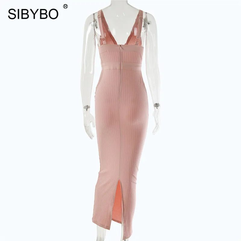Sibybo, с разрезом, с открытой спиной, сексуальное длинное платье, вечерние, с глубоким v-образным вырезом, без рукавов, Осеннее, женское платье, на тонких бретелях, повседневное, облегающее платье