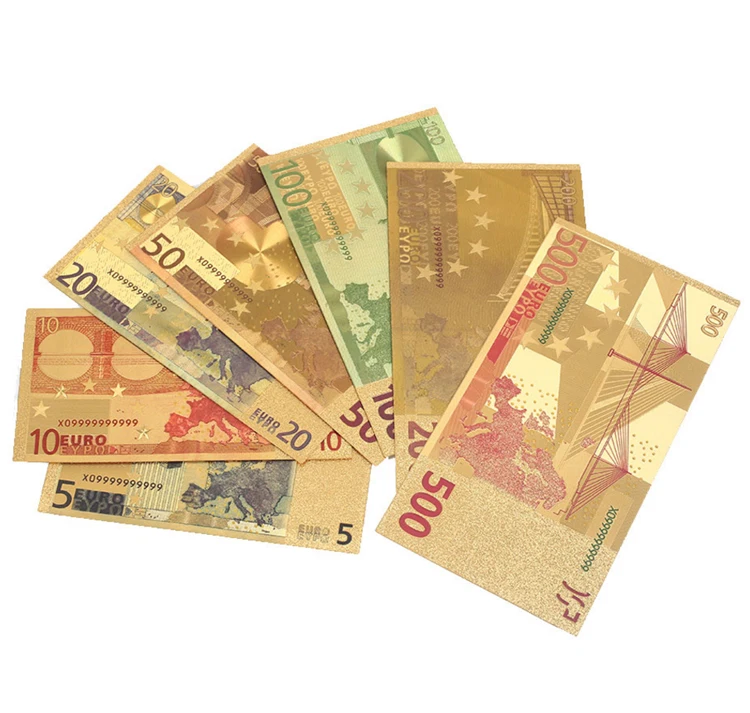 7pcs/lot 5 10 20 50 100 200 500 EUR Gold Banknotes in 24K Gold Fake Paper Money for Collection Euro Banknote Sets