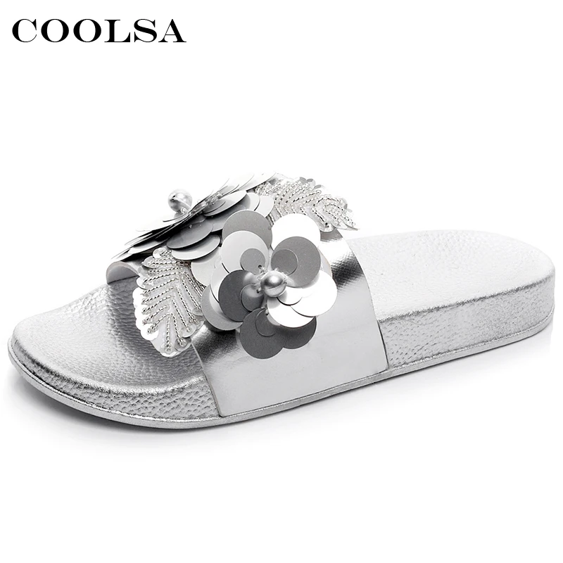 Coolsa летние женские пляжные шлепанцы цветы Bling Сандалии для девочек плоской