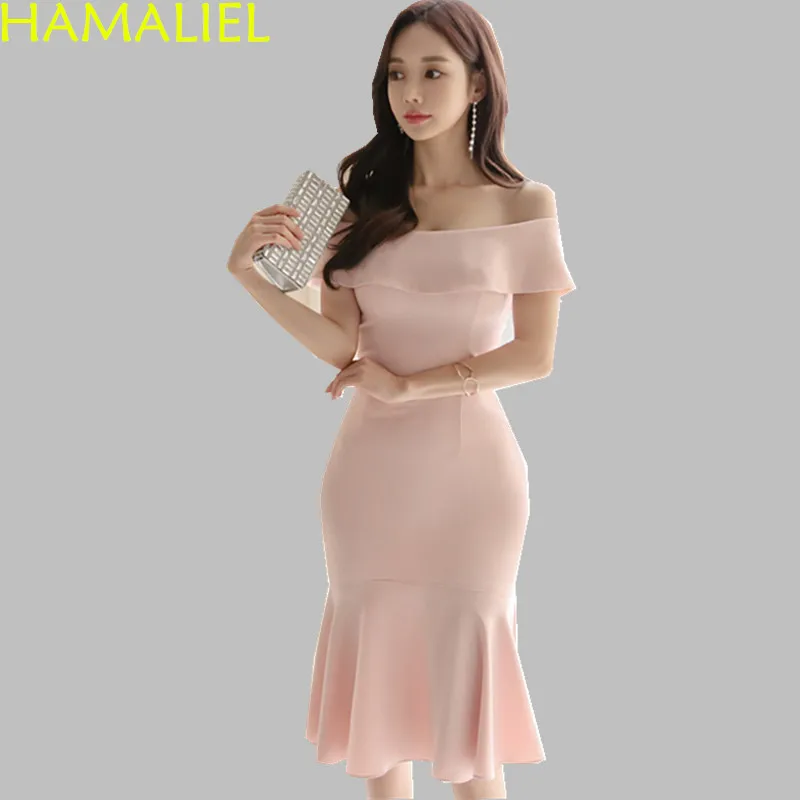 Женские вечерние платья с открытыми плечами HAMALIEL розовое облегающее платье