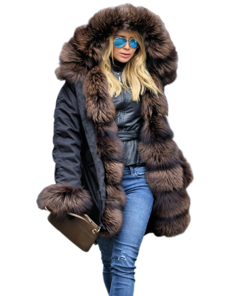Roiii 2018 New Casual Cafe Brown Thicken Faux Fur Warm Parka Women Hooded Long Winter Jacket Coat Overcoat Snow Wear | Женская одежда