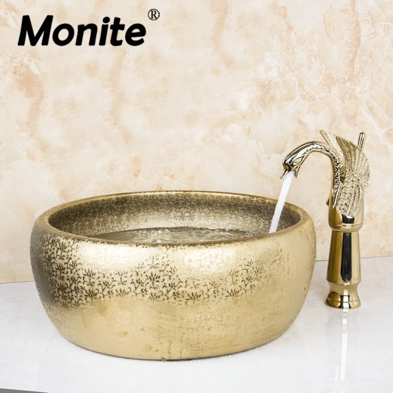 

Tall Golden Swan Basin Tap Bathroom Set Sink Washbasin Ceramice Lavatory Bath Sink Combine Set Torneira Tap Mixer Faucet