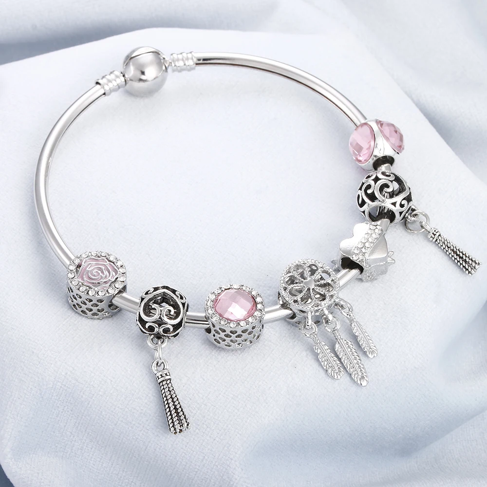 Роскошный креативный браслет с розовым кристаллом и бусинами очаровательное