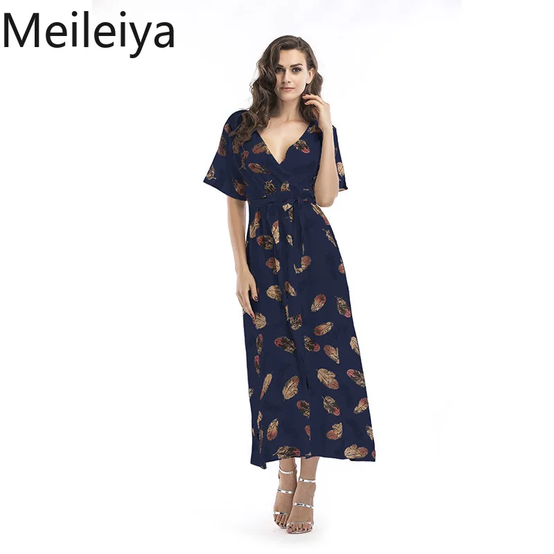 Женское шифоновое платье с v-образным вырезом Пляжное цветочным принтом лето 2019 |