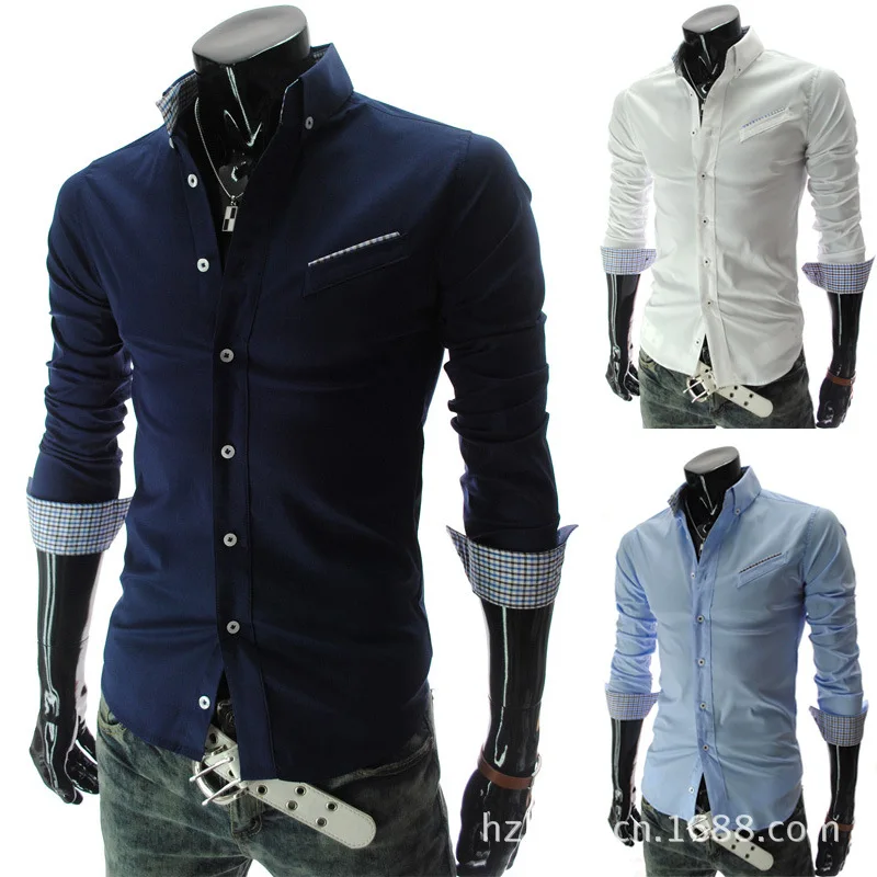 

2017 autumn and winter Korean fashion oblique pocket long sleeve shirt men dress shirts Solid color Long Cotton burderry