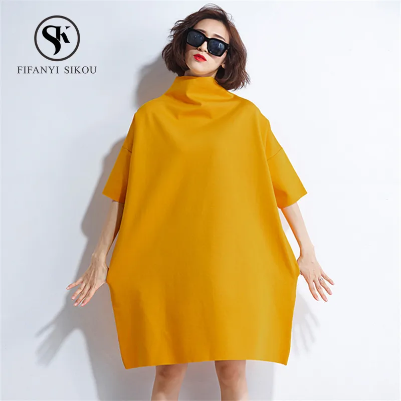 Женское платье с воротником под горло однотонное платье-футболка коротким