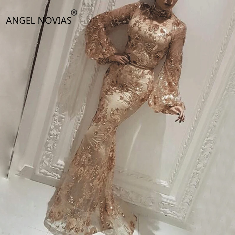

Long Sleeves Gold Muslim High Neck Mermaid Evening Dress 2020 Saudi Arabia Dubai Moroccan Sexy Formal Prom Party Gowns