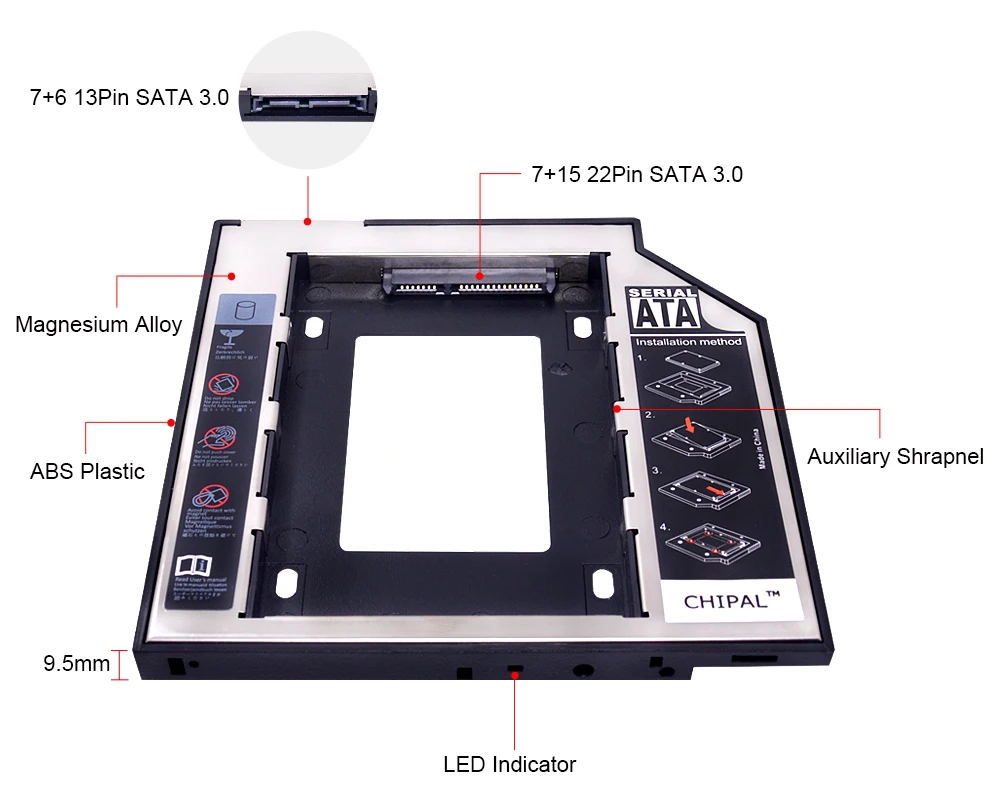 CHIPAL алюминиевый 2nd Second hdd Caddy 9,5 мм SATA 3,0 Optibay 2,5 ''SSD DVD CD-ROM корпус адаптер Жесткий диск чехол коробка