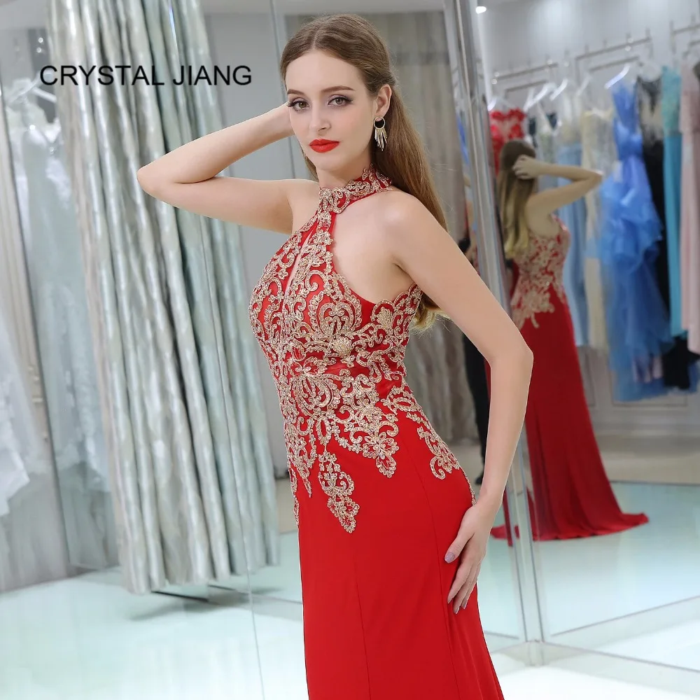 CRYSTAL JIANG 2018 Вечерние платья Длинные сексуальные Холтер Золото Кружева Аппликация