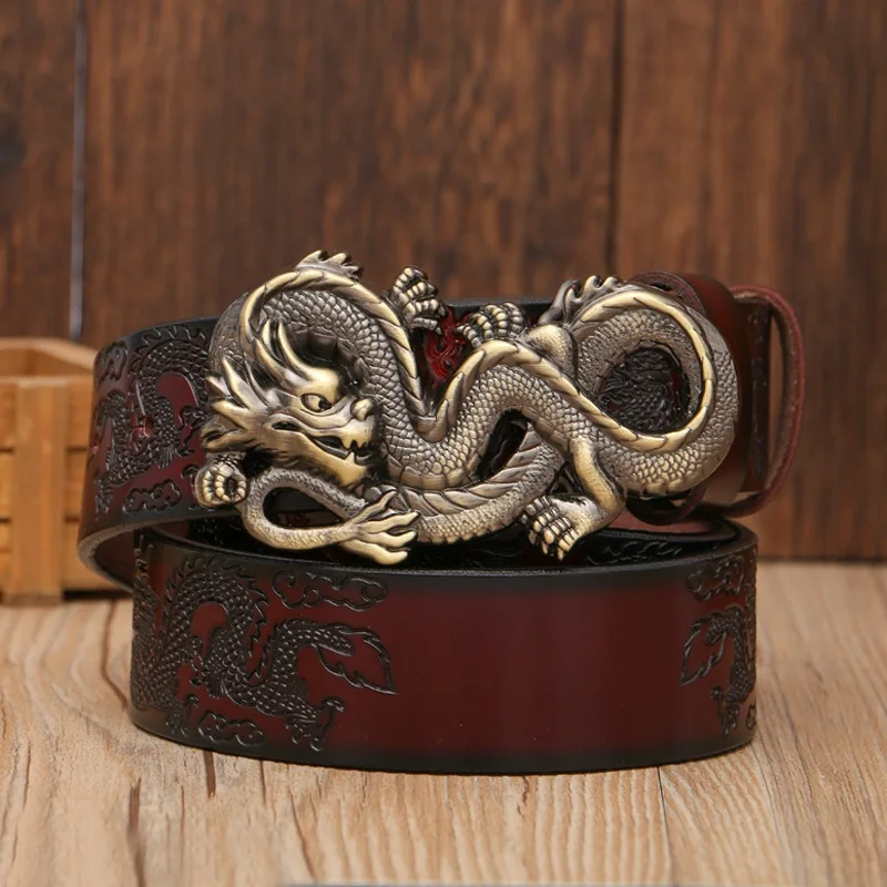 coffee bronze dragon Классический китайский дизайнерский ремень дракона мужской ремень из натуральной кожи коровья кожа мужской пояс коровья кожа Пряжка в виде дракона ковбойский стиль - Цвет: coffee bronze dragon