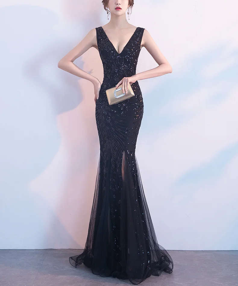 

Fashion Shining Sequins Polyester Slim Mermaid Long Evening Party Dress deep V patchwork Elegant Floor-length Long Maxi Dresses