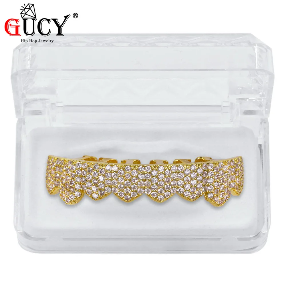 Gold Bottom GUCY Custom Fit цвета: золотистый, серебристый все льдом хип-хоп ЗУБЫ Grillz микро Pave кубический циркон восемь верхних и нижних зубов грили набор - Окраска металла: Gold Bottom