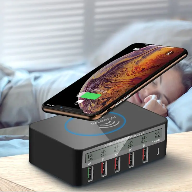 

Universal 7-in-1 Type C Qi Wireless Charger 5x USB QC 3.0 Fast Charge With LCD Voltage Current Display For iphone Samsung Mobile