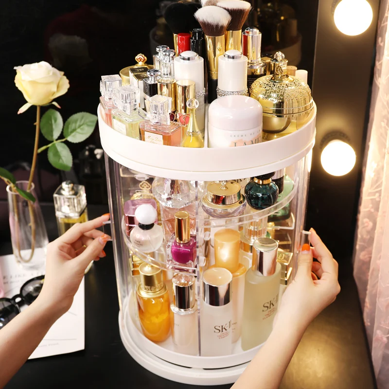

2019 Spring New Listing Dust-proof Rotating Makeup Box Skin Care Plastic Storage Holder Lipstick Rack Cosmetic Organizer Ins Hot