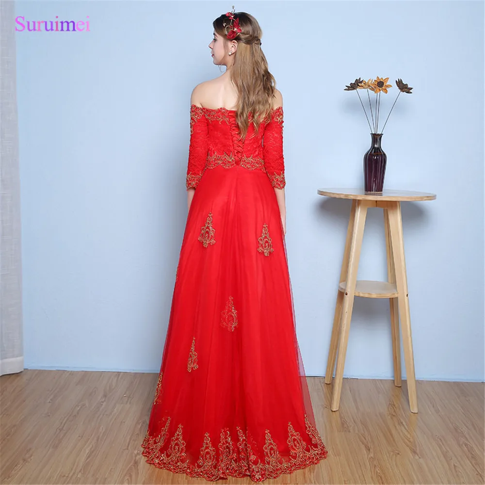 

Red Evening Dresses with Half Sleeves Contrast Color with Gold Lace Embroidery Tulle Boat Neck Corset Back Long Evening Gown