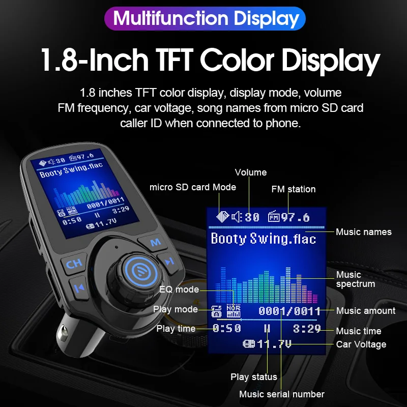 Автомобильный MP3-плеер, Bluetooth 5,0, fm-передатчик, u-диск, TF, aux, музыкальный плеер, USB, быстрое автомобильное зарядное устройство, произвольная игра, громкая связь, телефон