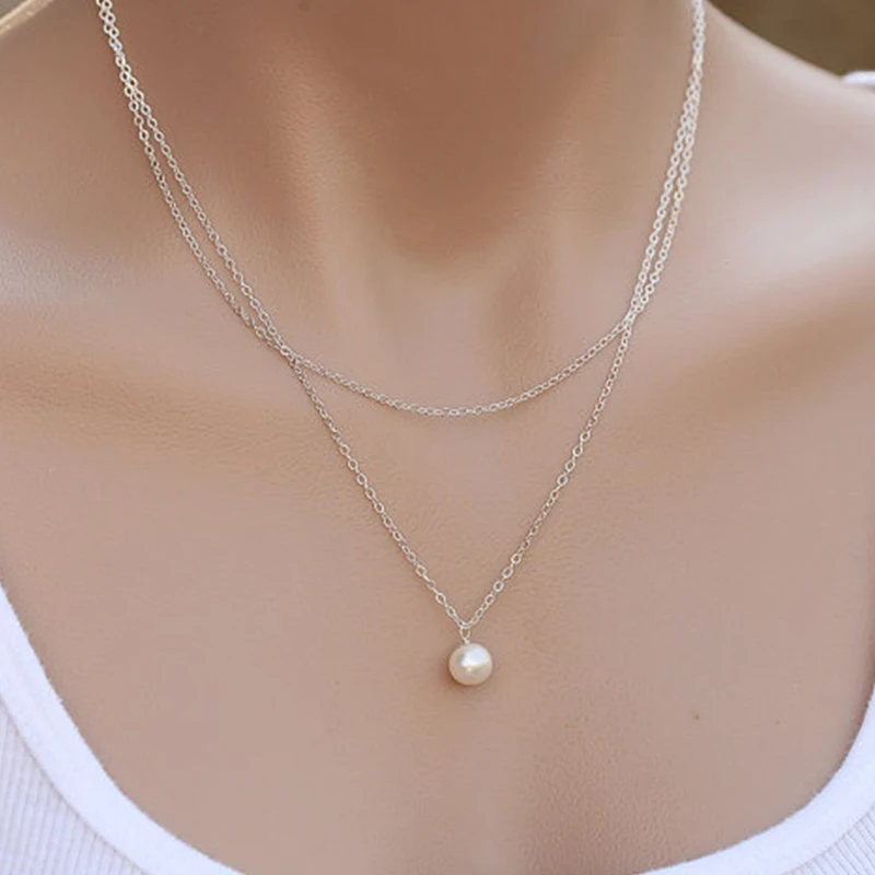 Серебряное длинное ожерелье круглая жемчужная бусина Двойная Цепочка Ожерелье