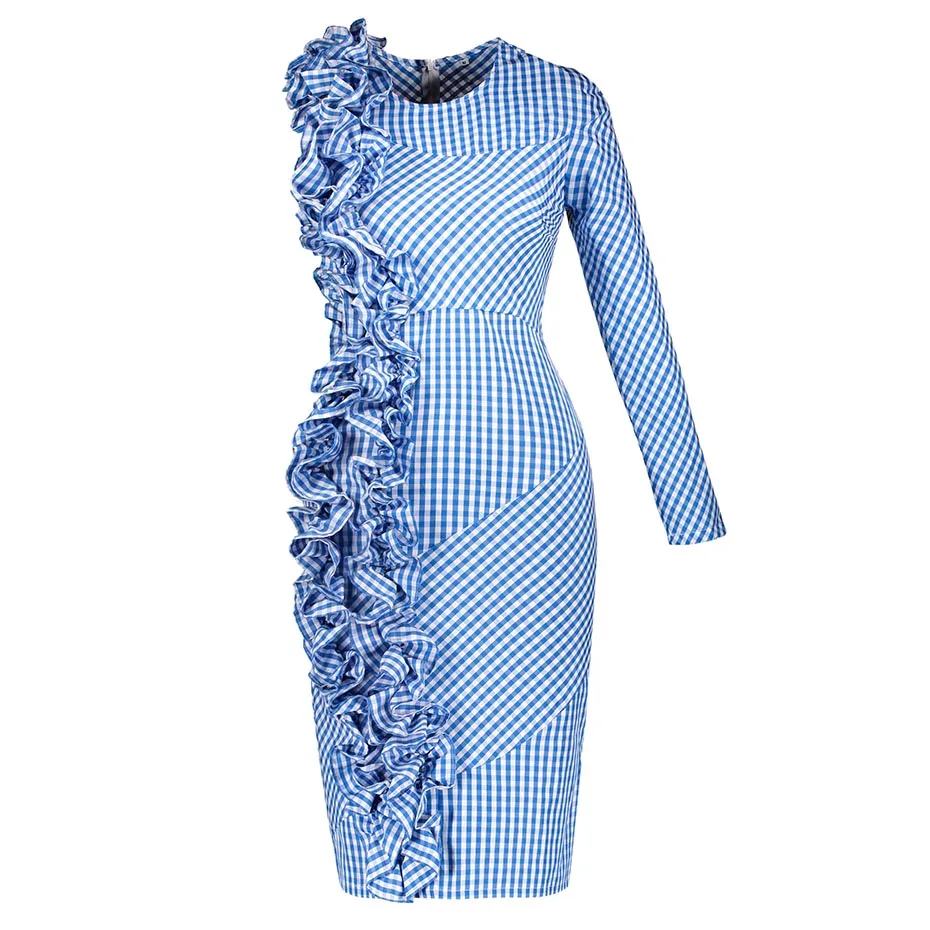 Для женщин Sexy Тонкий Bodycon платье Винтаж плед на одно плечо Модные миди Элегантный