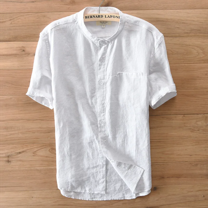 Мужская льняная рубашка с короткими рукавами белая небесно-голубая хаки