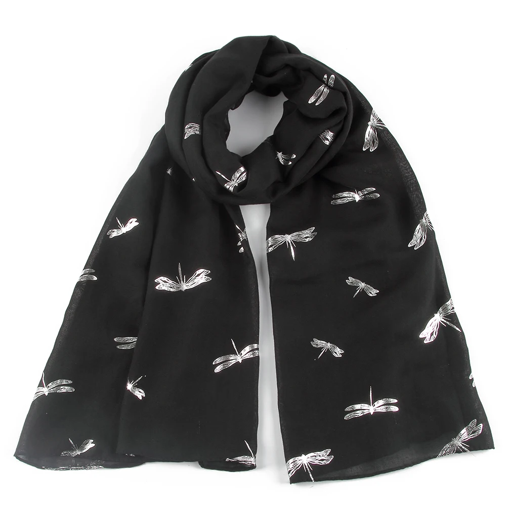 

FOXMOTHER New Fashion Summer Black White Sky Blue Dragonfly Sliver Foil Scarfs Shawls For Womens Ladies Mother Gifts